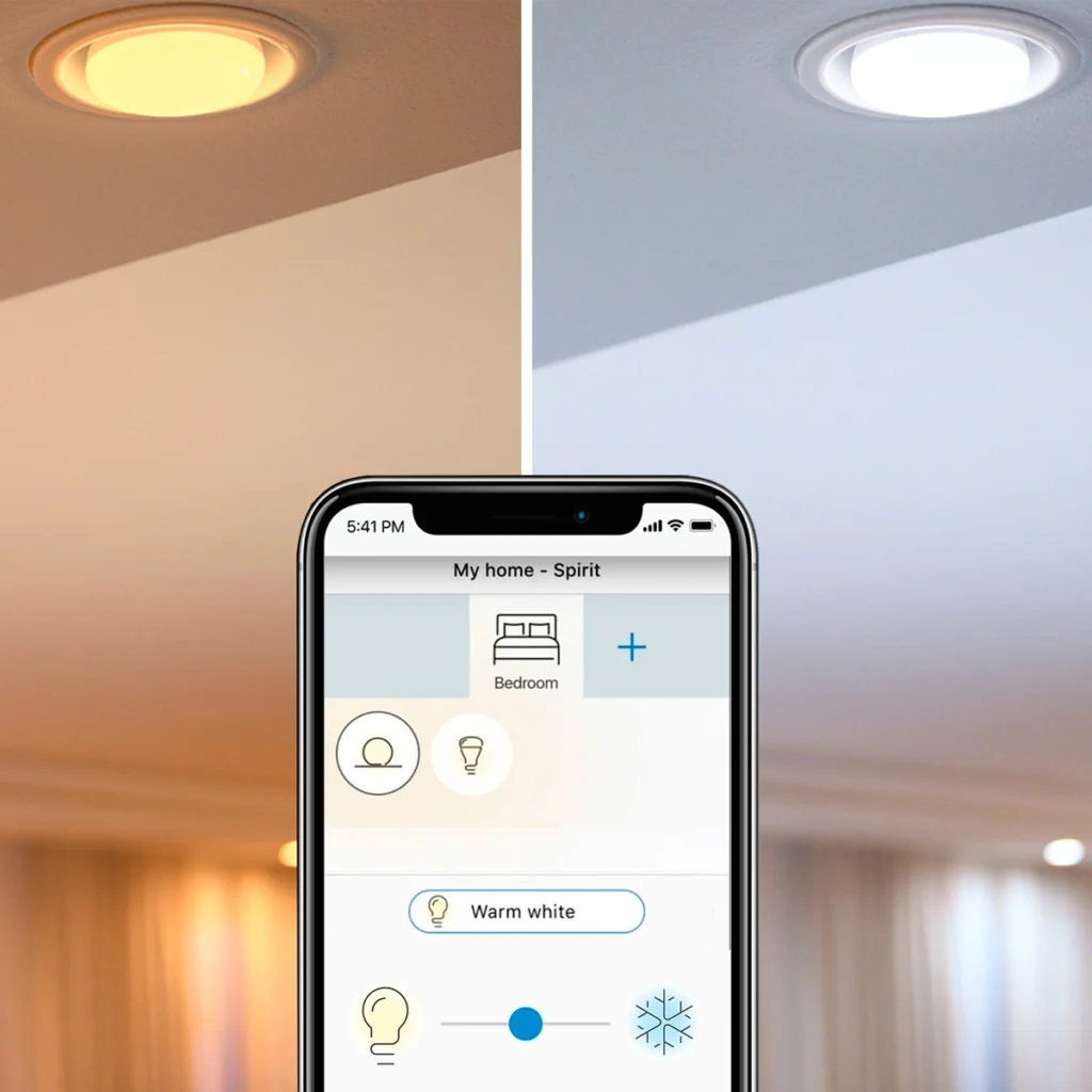 <img src="smart-lighting-control-app.webp" alt="Imagem de um aplicativo de controle de iluminação inteligente mostrando opções de luz quente e fria em um ambiente doméstico.">