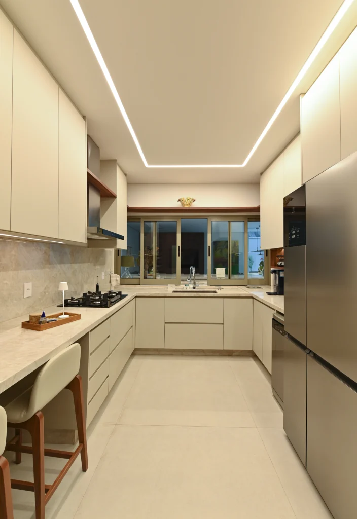 <img src="cozinha-moderna-iluminada.webp" alt="Imagem de uma cozinha moderna com iluminação embutida no teto, armários brancos, pia de inox e uma grande janela de vidro ao fundo.">