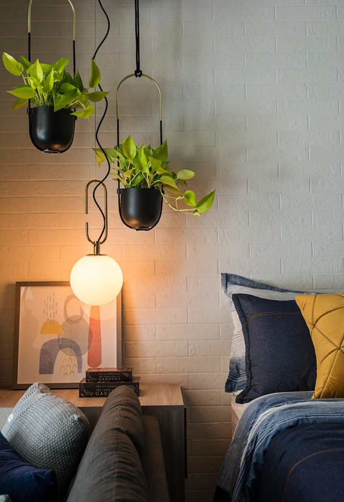 <img src="decoracao-moderna-sala-plantas-penduradas-luminaria-aconchegante.webp" alt="Decoração moderna de sala com pendentes de plantas suspensas, luminária de bola, quadros e almofadas em ambiente aconchegante.">