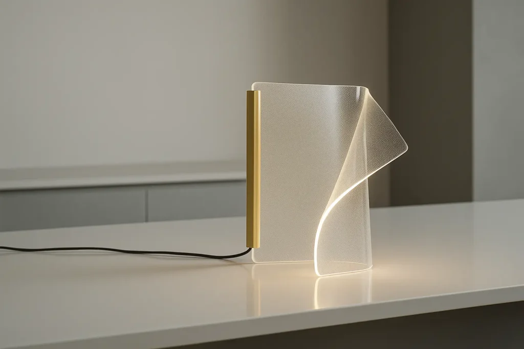 Luminária moderna de design minimalista em tom branco e dourado, com luz suave e forma artística, colocada sobre mesa branca em ambiente elegante.