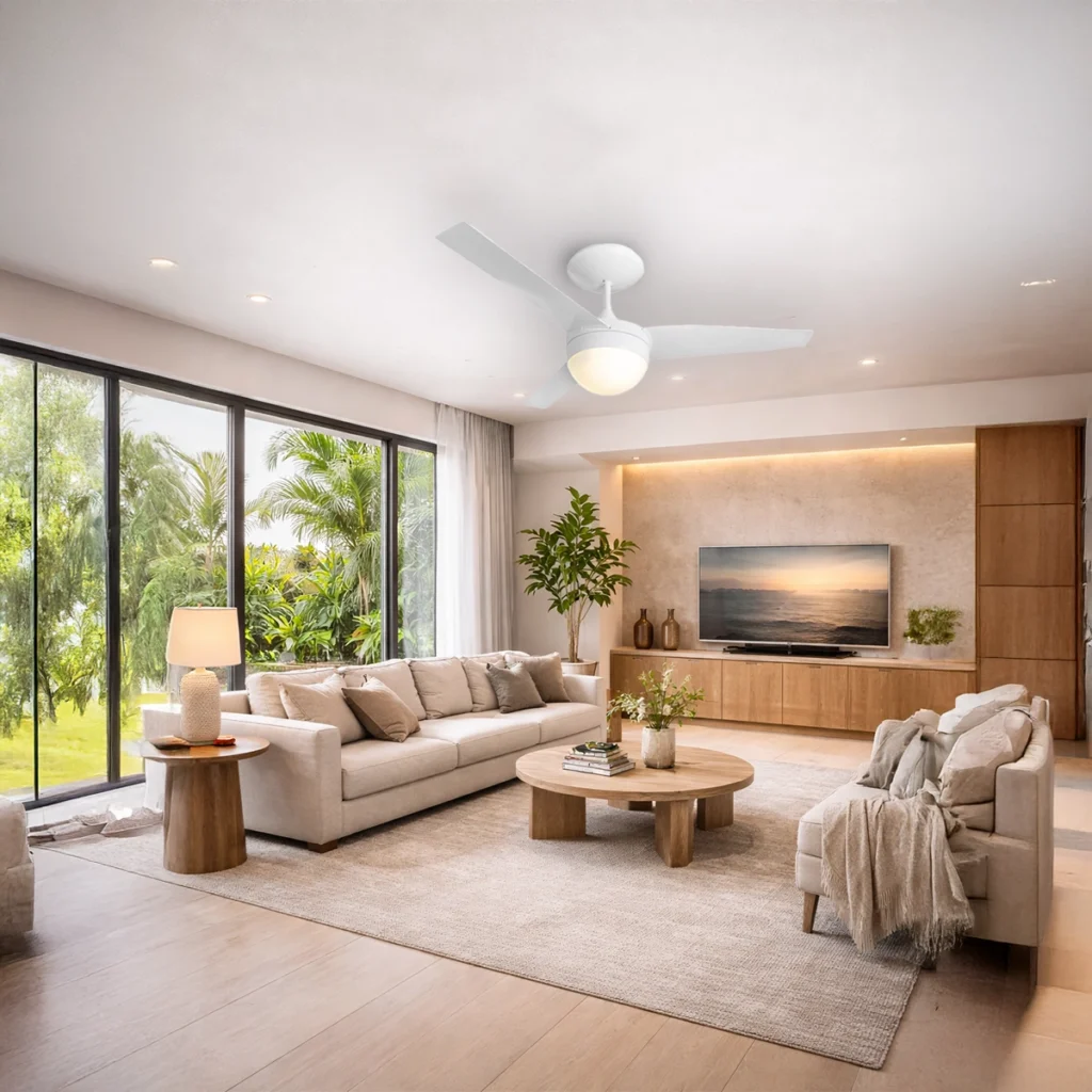 Ventilador de teto branco em uma sala de estar.