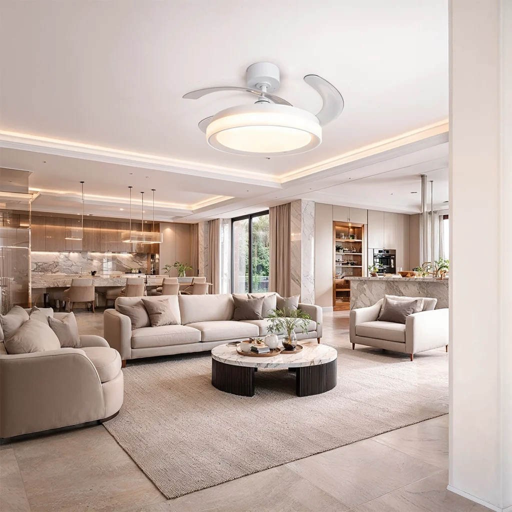 Ventilador de teto retrátil em uma sala de estar.