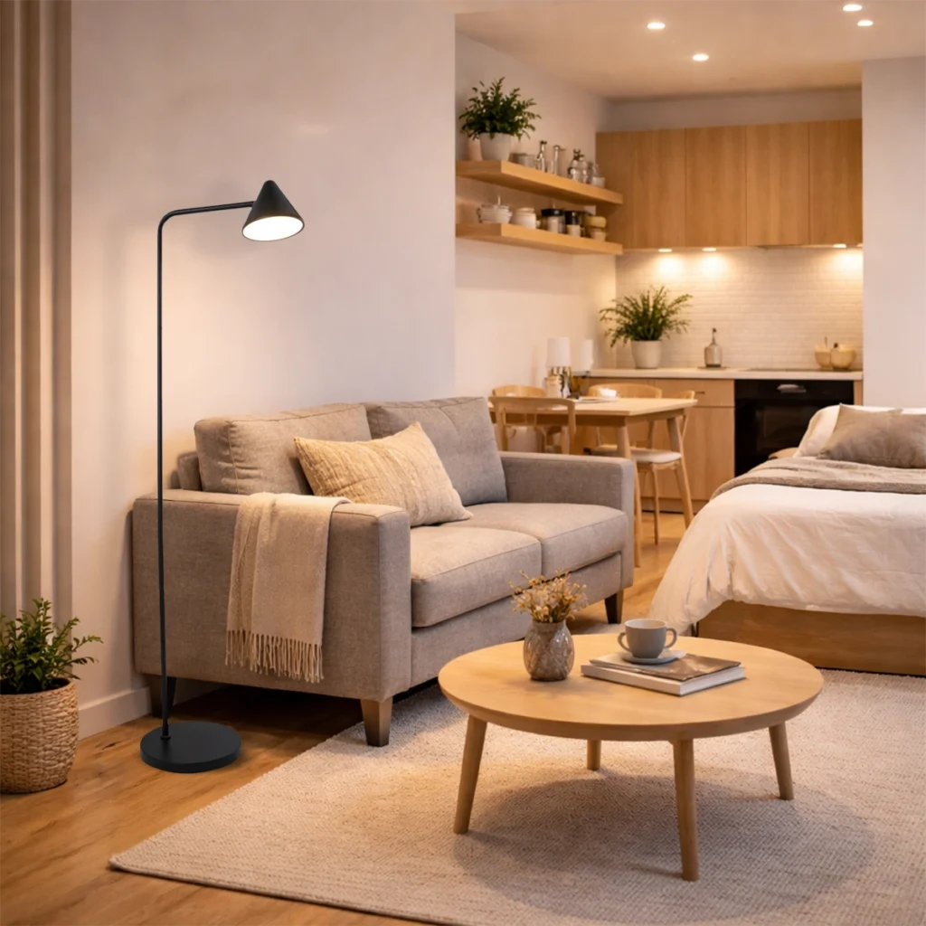 Luminária de piso em um ambiente integrado - iluminação de imóveis alugados.