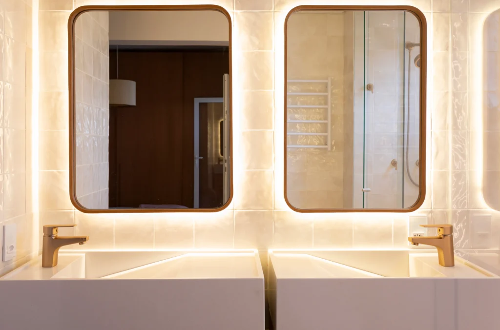 Espelhos com luz indireta aplicados em um banheiro.