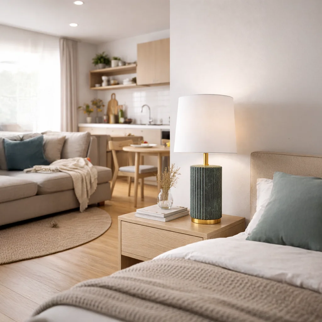 Abajur em um ambiente integrado - iluminação para imóveis alugados.