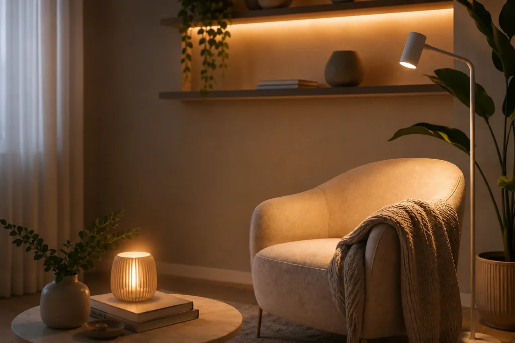 Iluminação e bem-estar: luminária de piso e luminária de mesa na sala de estar