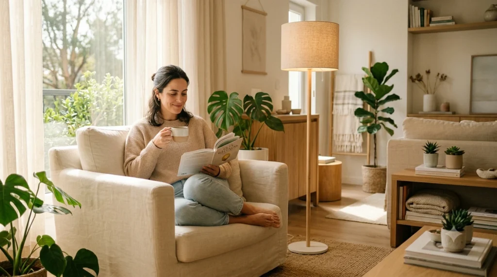 Iluminação e bem-estar: luminária de piso na sala de estar