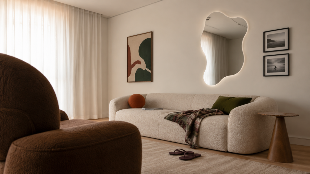 Mesas e espelhos: sala de estar